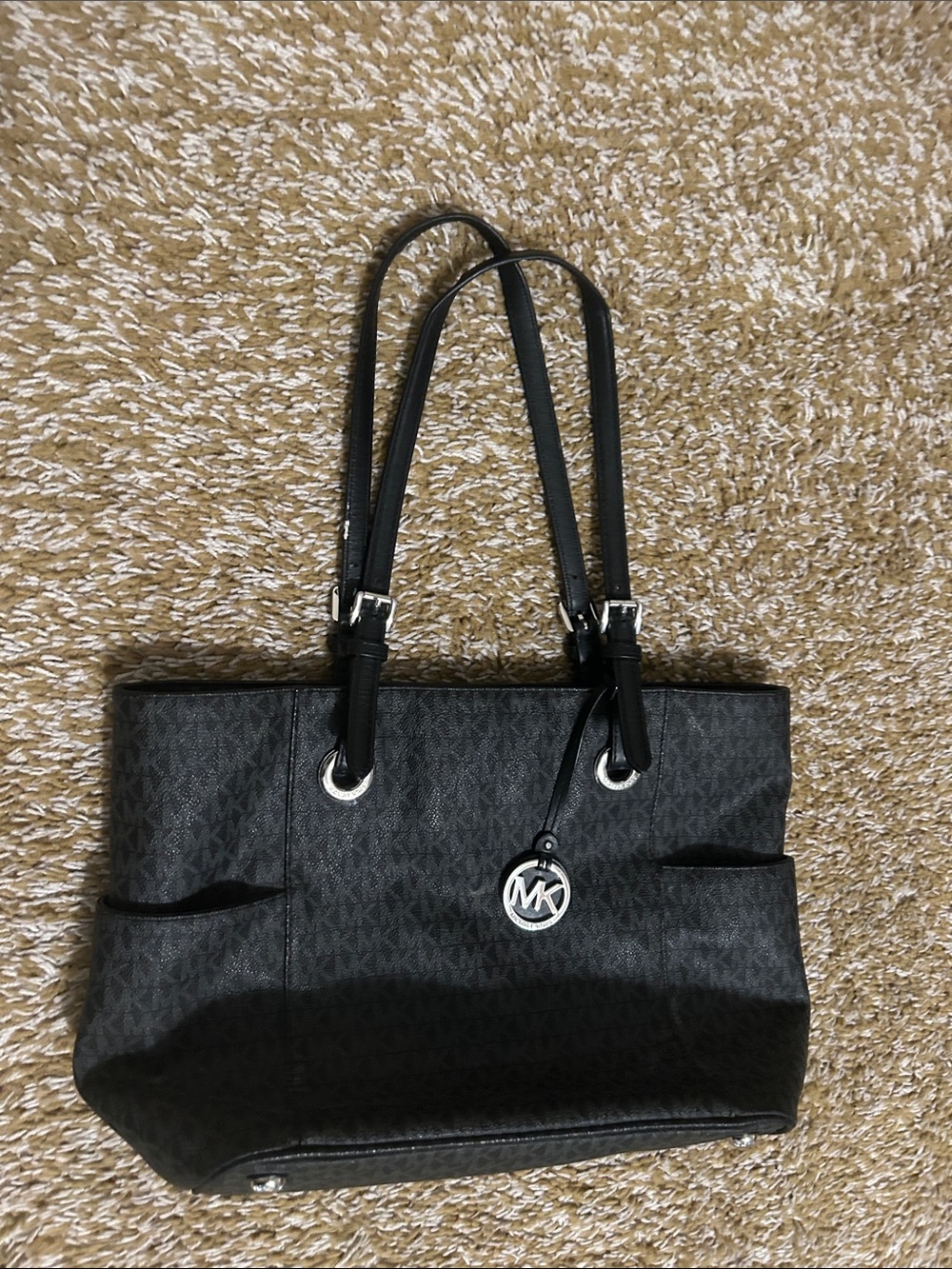 Michael Kors Black MK Logo Tote with Silver Hardware